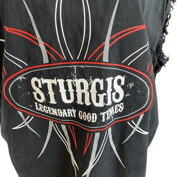 Sturgis Sleeveless Shirt Men Size Large Black Motorcyle Rally Raw Edge Button Up - Picture 6 of 10
